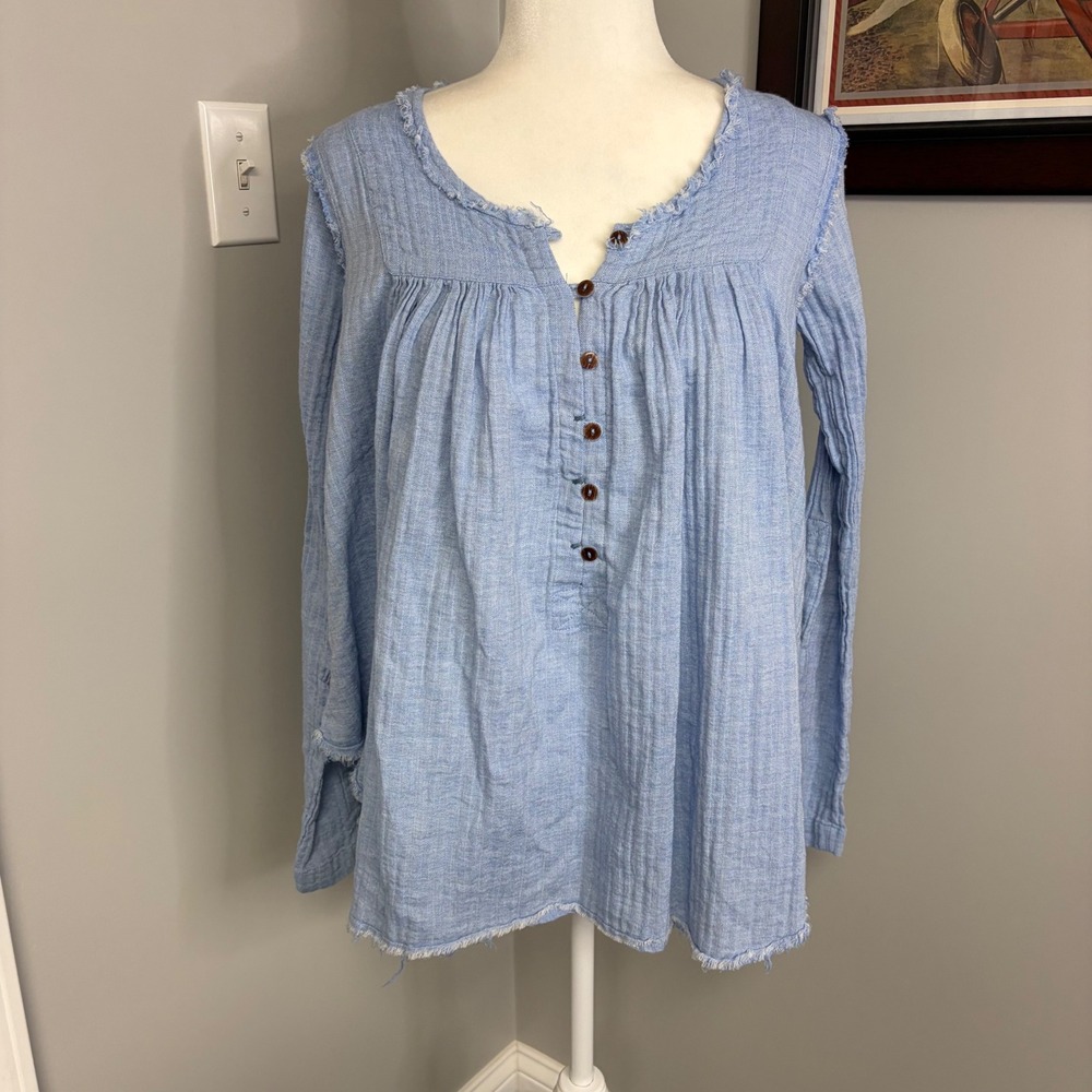 We The Free Free People Blue Gauze Tunic Top Raw Hem Henley XS